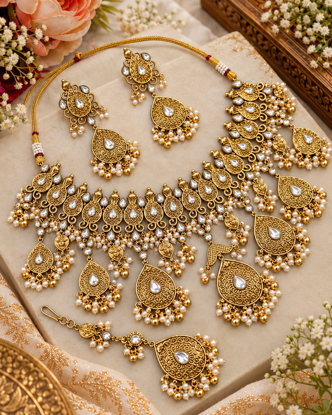 Antique Gold Floral Necklace Set with Earrings & Maangtikka
